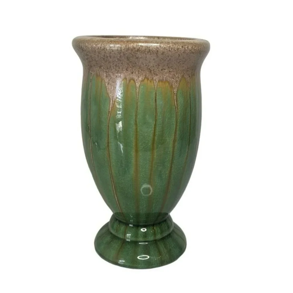 Vintage Mid Century Modern Green Gold Drop Glazed Pottery Vase